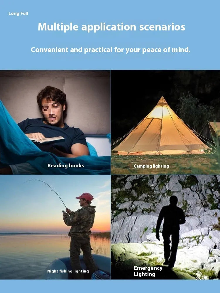 Solar rechargeable LED tent light in plastic housing, available in blue green red colours