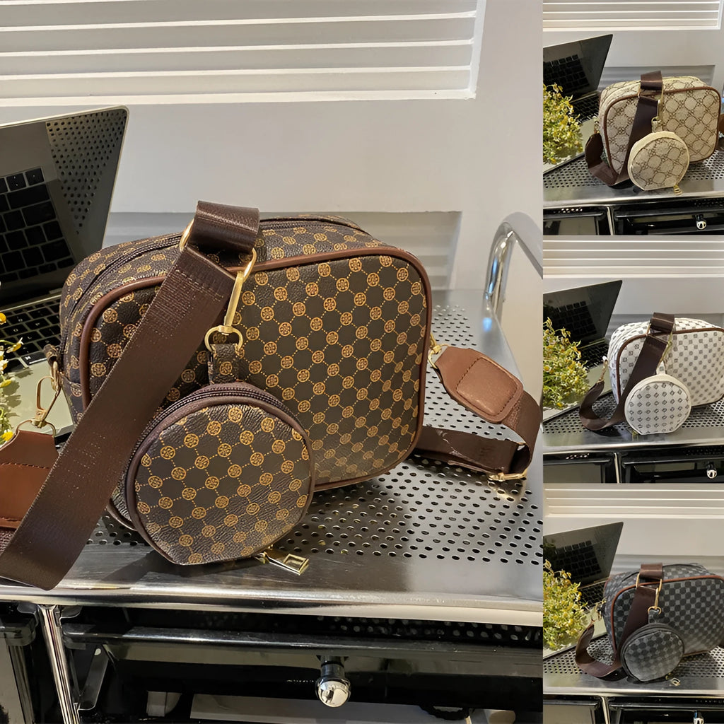 Vintage plaid crossbody bag in khaki, PU material, horizontal square shape with outer pocket and matching small bag