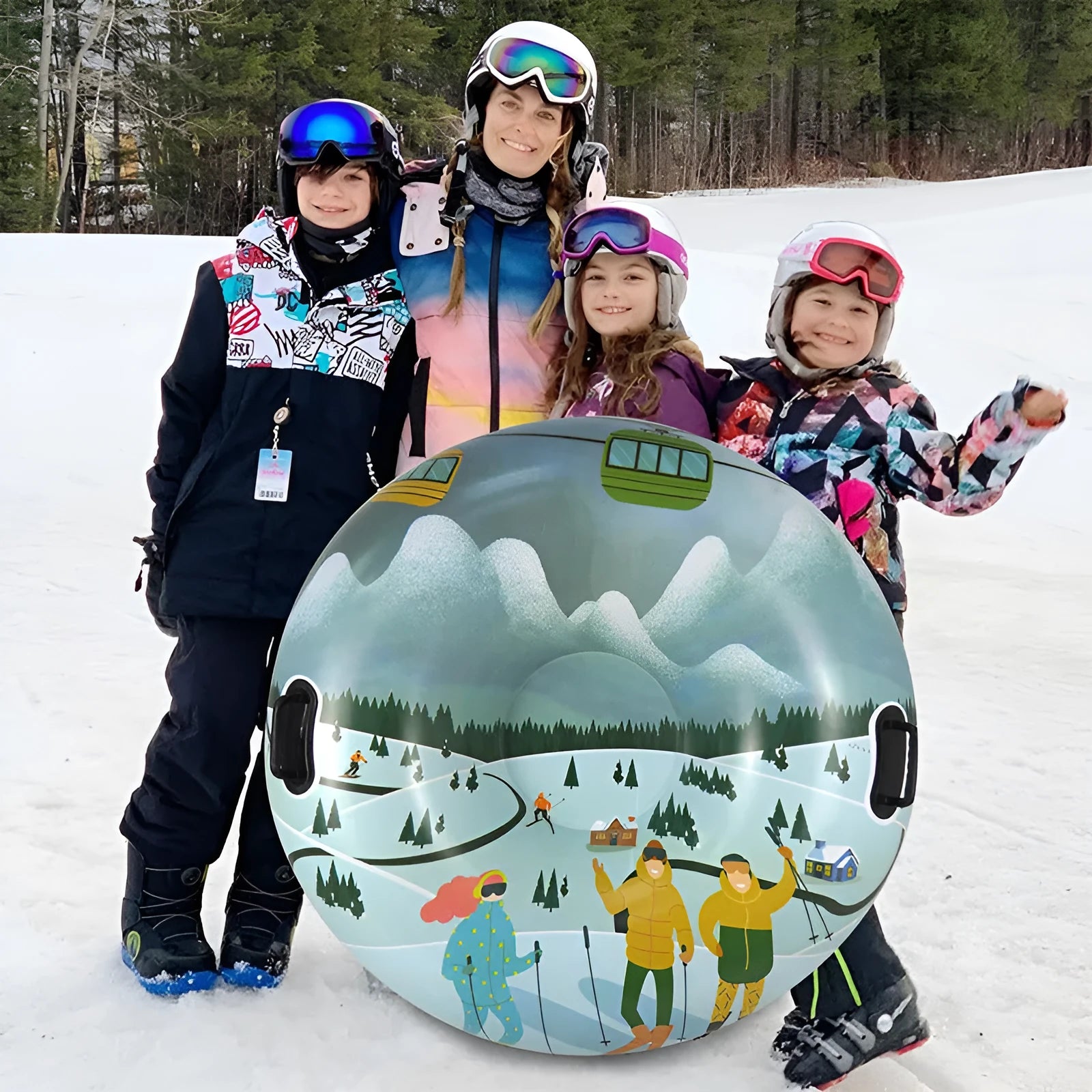 PVC winter ski ring toy in flame red, ice-snow blue, or snow mountain colour design for outdoor snow play.