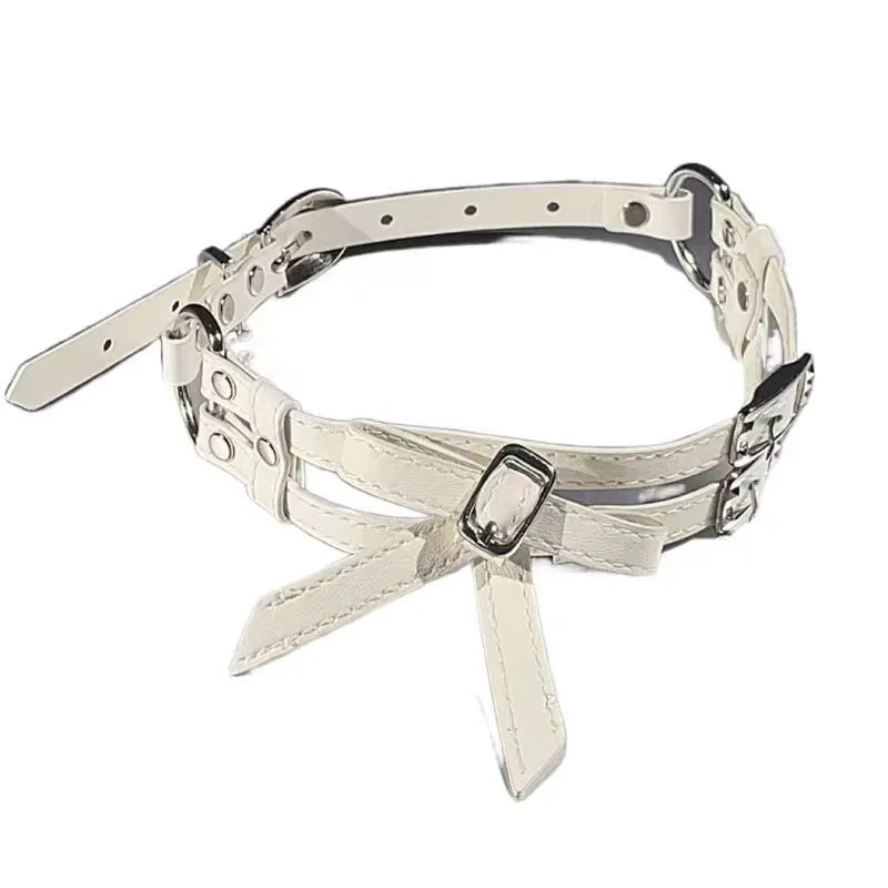 Women's cool white bow leather necklace with electroplated alloy pendant on leather cord
