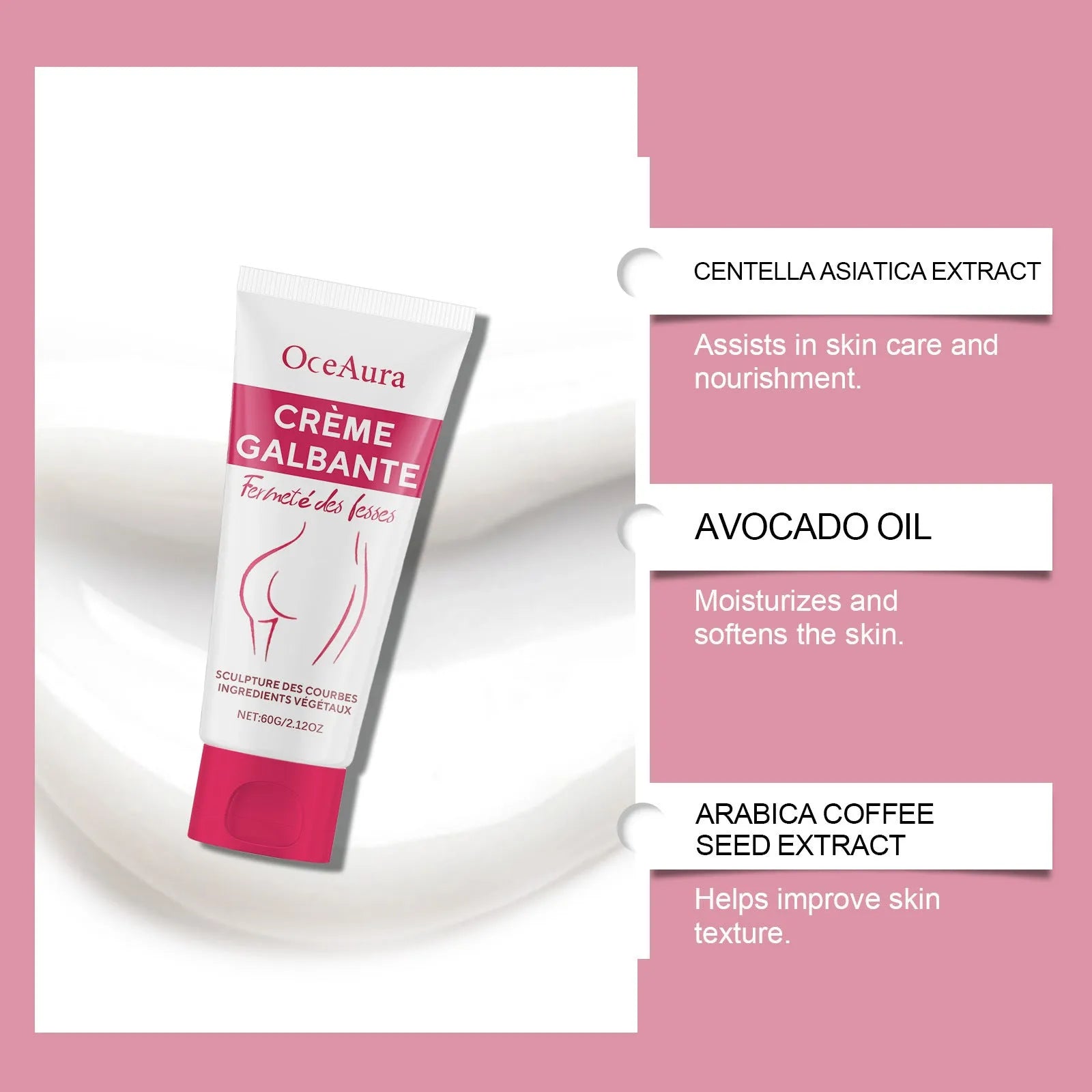 60g container of hip neck tightening cream with asiatic centella extract and fruit tree oil formulation