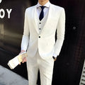 Men's white slim fit cotton blend suit set with jacket, vest, and trousers on a hanger