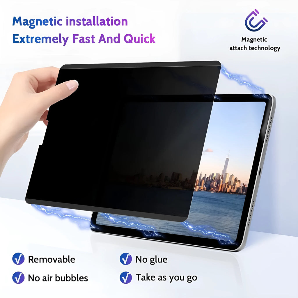 Magnetic anti peeping film and storage clip for iPad on a table
