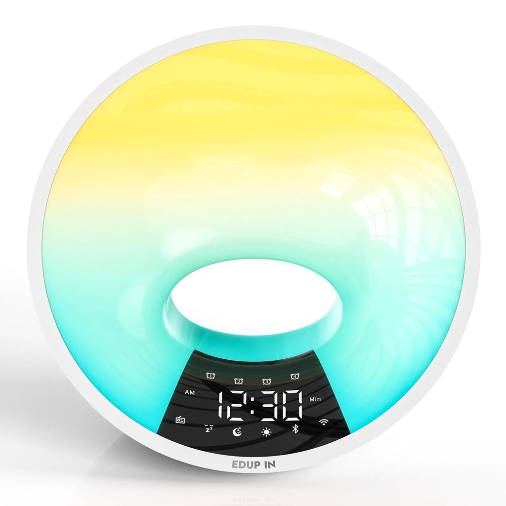 White WiFi sunrise alarm clock with dual alarm and FM radio on bedside table