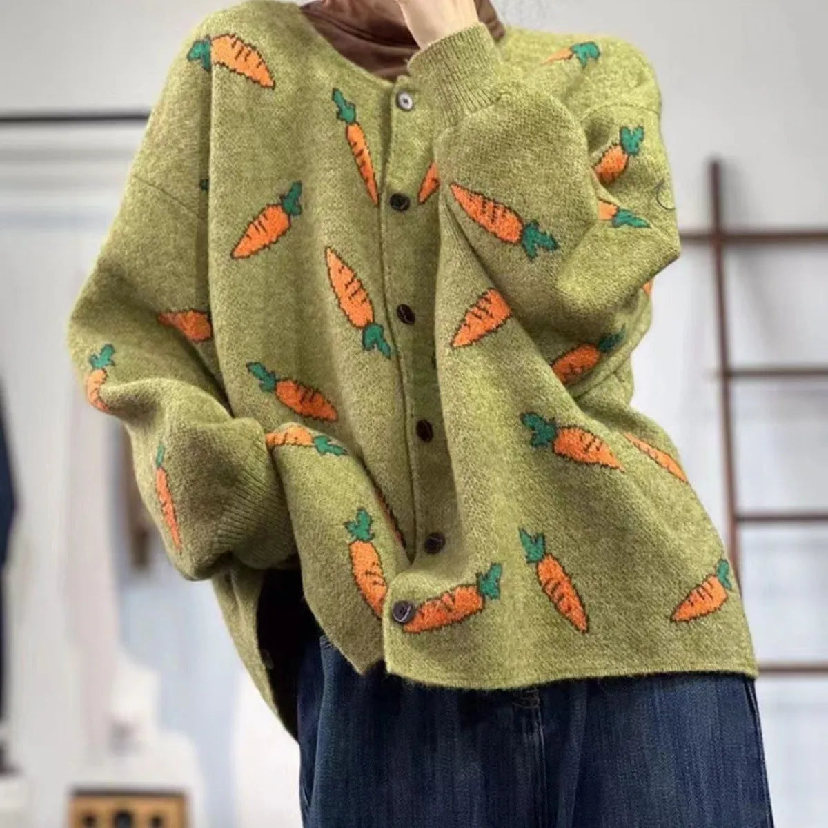 Women's loose grey cardigan with white Mori artistic forest pattern print and colour contrast details.
