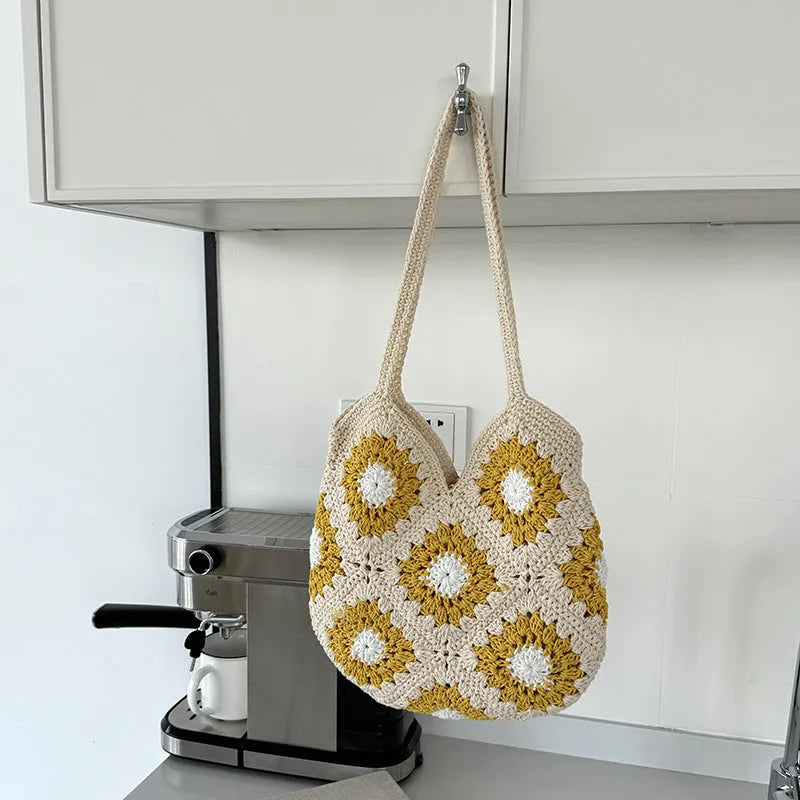 Cotton and linen woven women's shoulder bag bucket bag 29cm height 28cm width brown colour