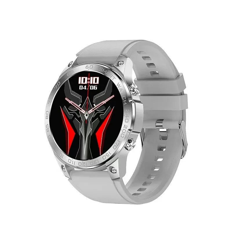 Round dial sports watch with AMOLED screen and silicone strap showing Bluetooth calling and fitness tracking features