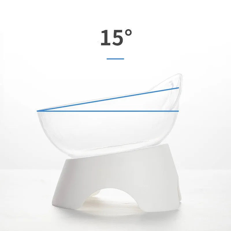 Plastic pet bowl with high feet and non-slip base, oblique mouth shape, transparent double bowl or white colour option