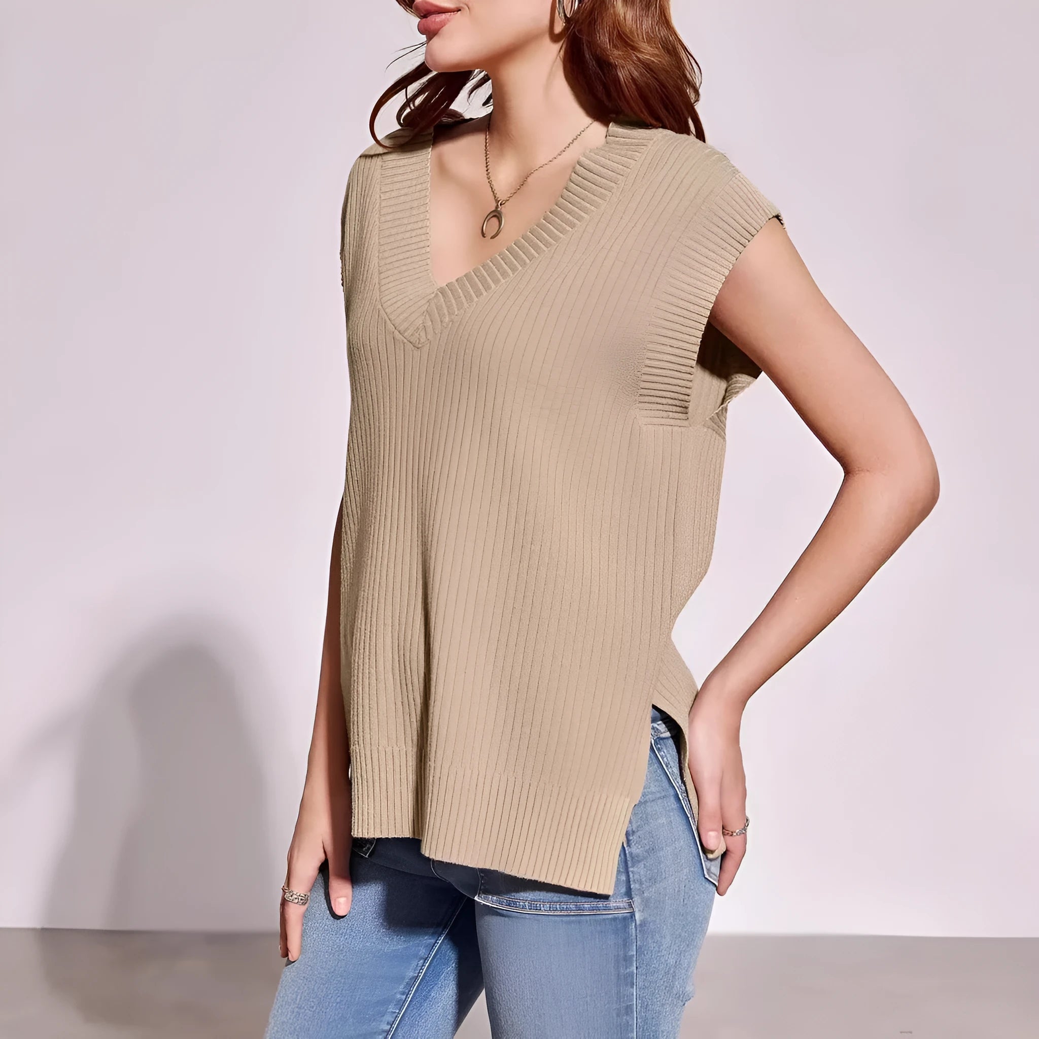 Women's V-neck sleeveless pullover vest in camel colour viscose fibre fabric