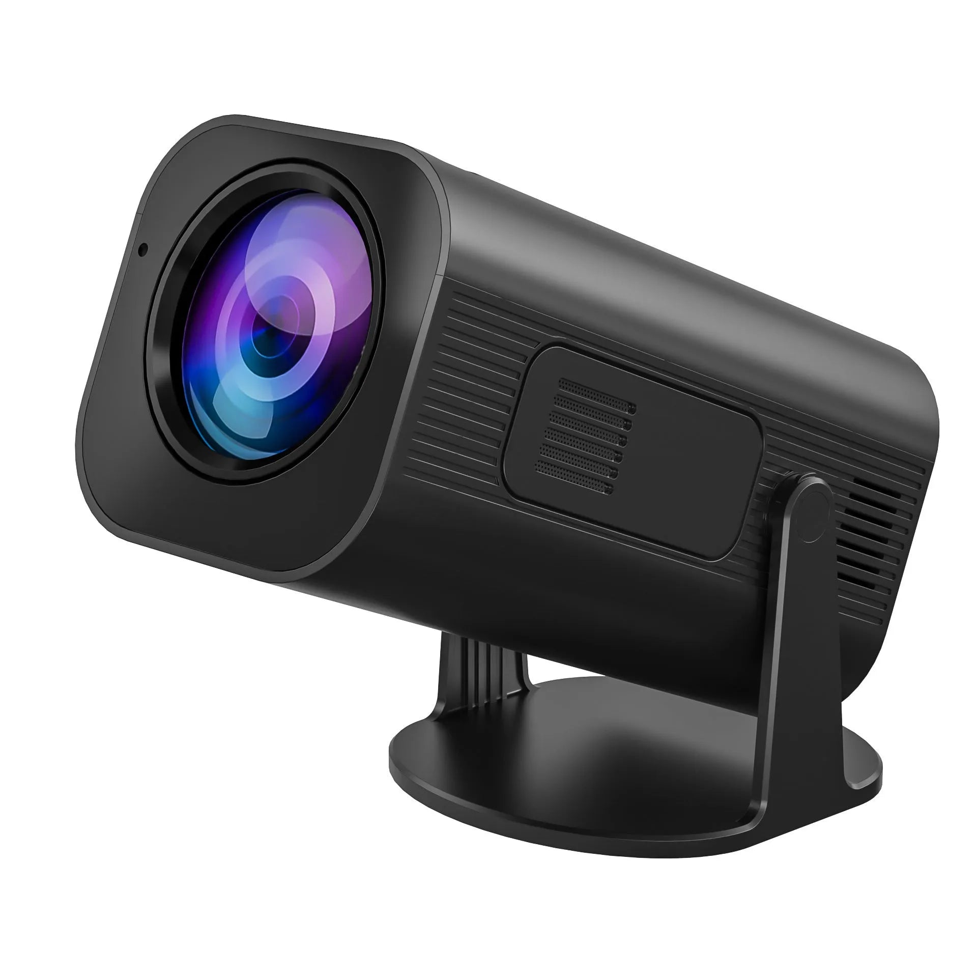 Black and white P330 portable mini projector with remote control on a table.