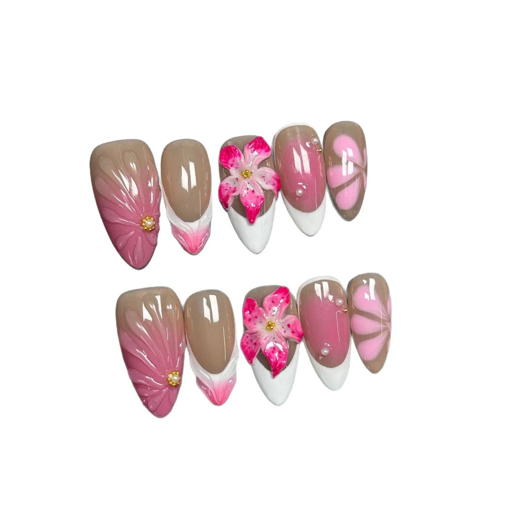 French style 3D fluid ice flower nail art designs on almond-shaped plastic armour pieces