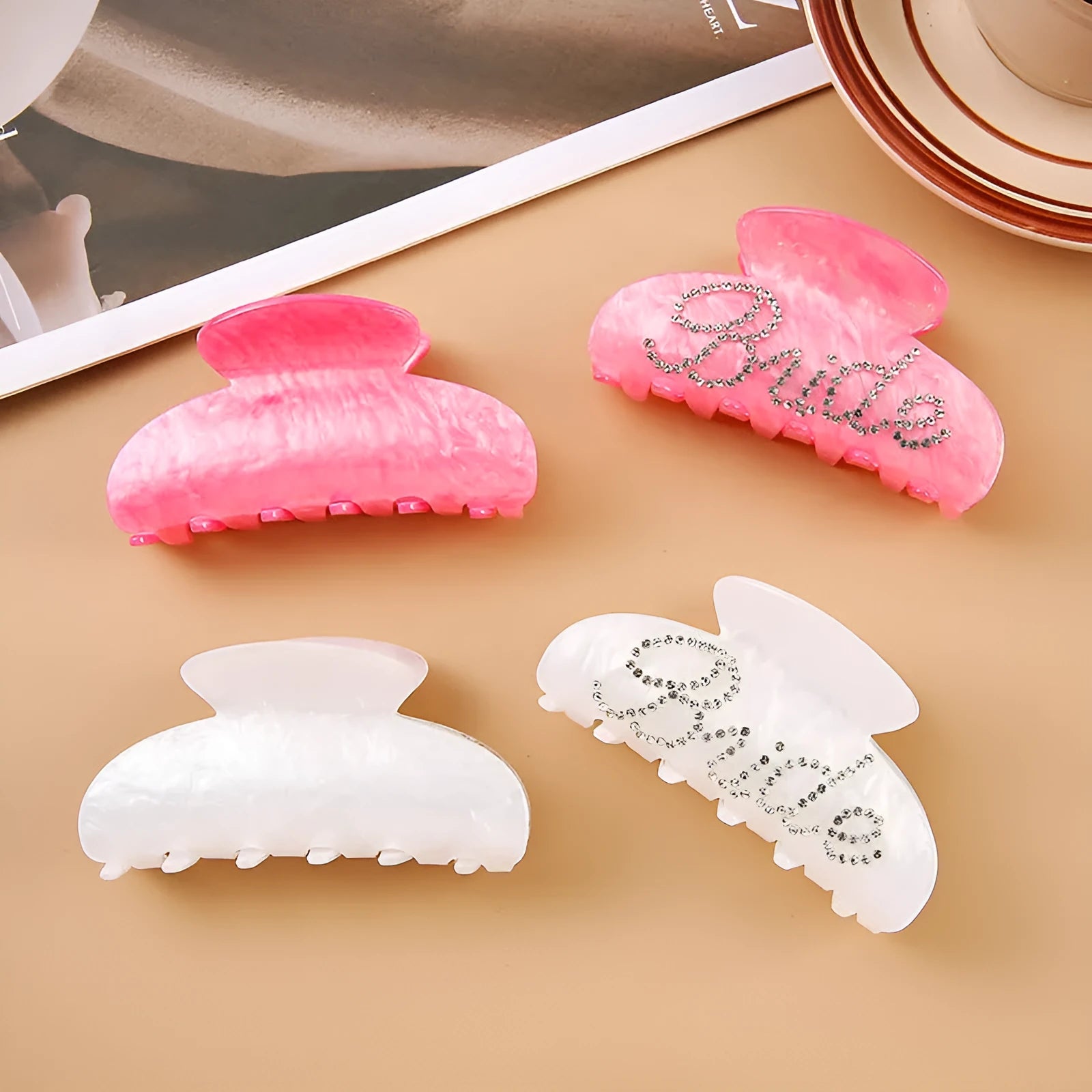10cm pink acrylic hair barrette with shark clip back and multi-diamond spot drill pattern