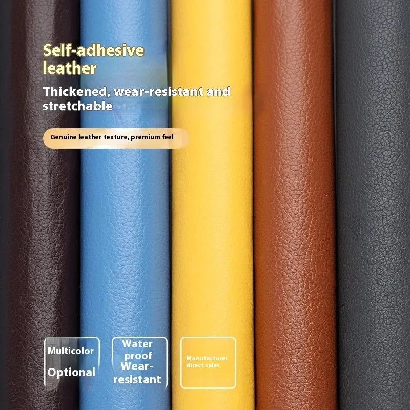 Self-adhesive PU leather repair patch in beige, showing texture and backing, for sofa or car seat repair