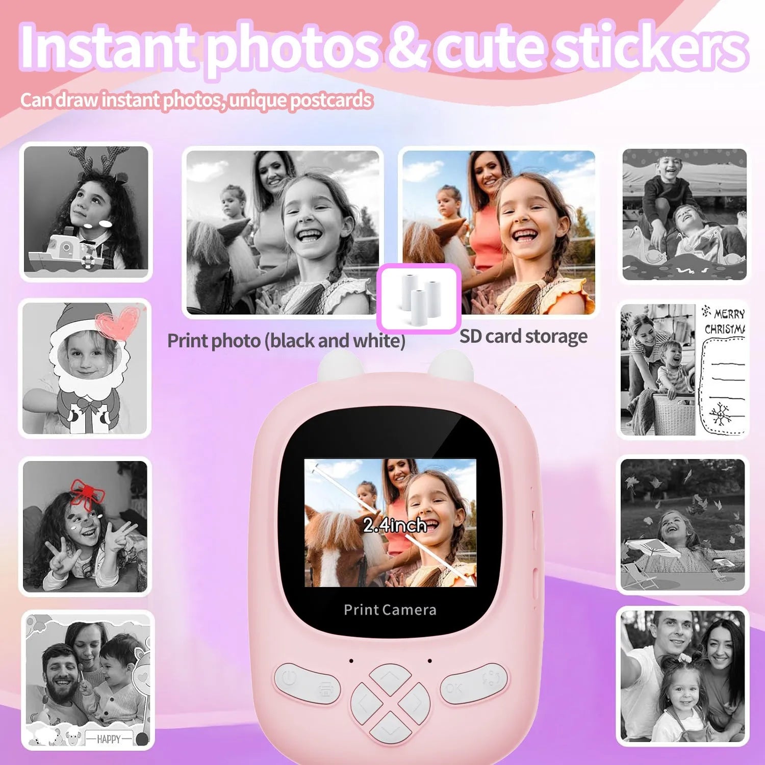 Q2 children's camera in green with polaroid instant print function, lanyard, and stickers on white background