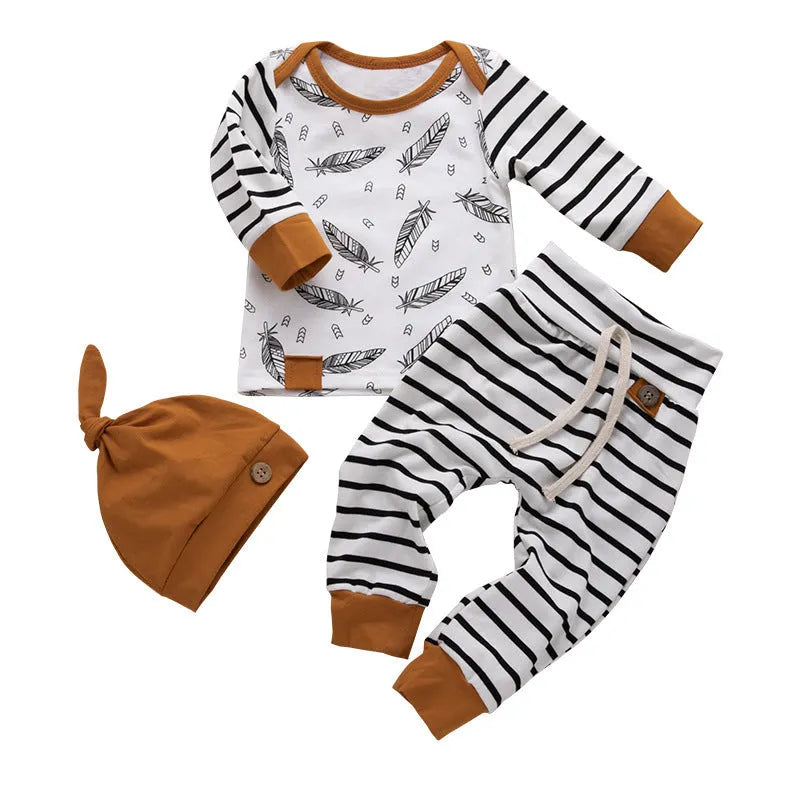 Cotton striped children's 3-piece set in Mibaise with hat, top, and pants for babies 70-100cm height