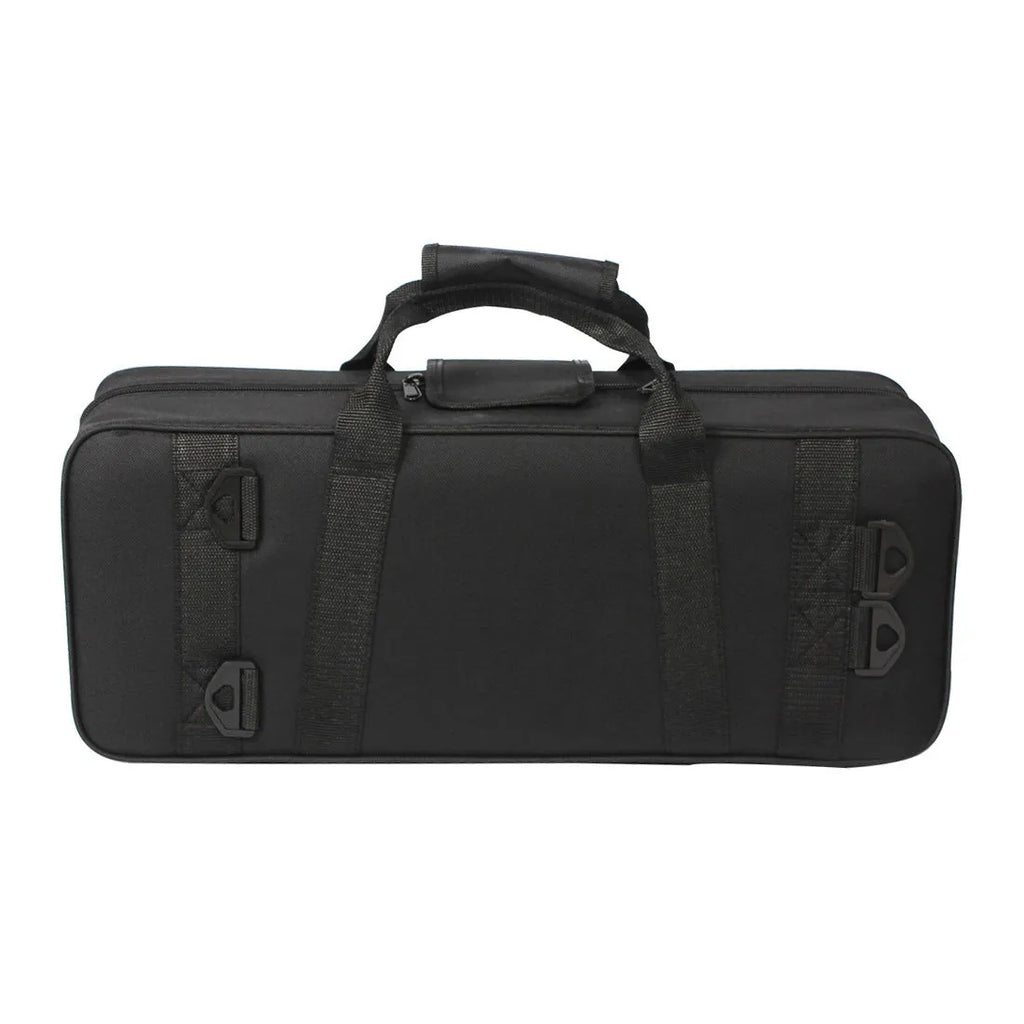 Black Oxford cloth shoulder and back storage bag for musical instruments, 53x22x15 cm, on a plain background