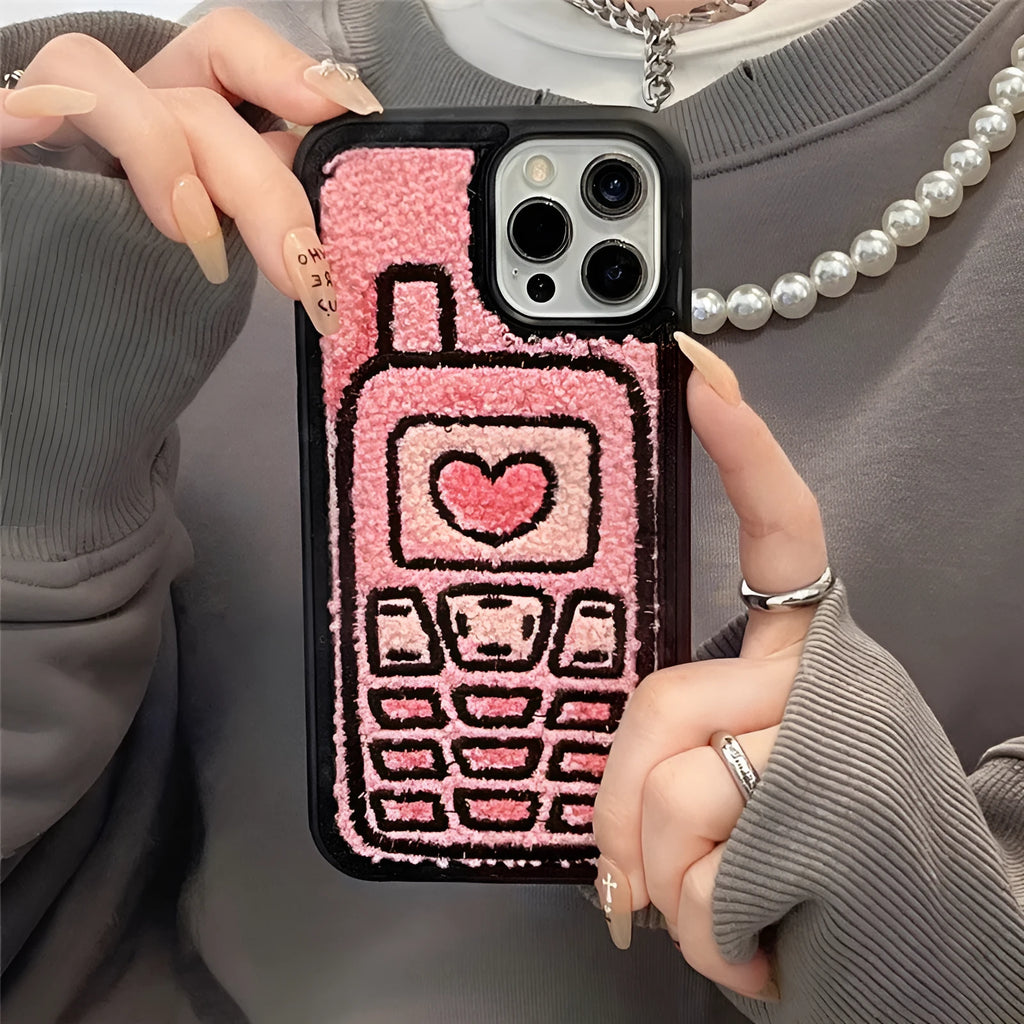Pink towel-textured embroidered TPU back cover case for iPhone.