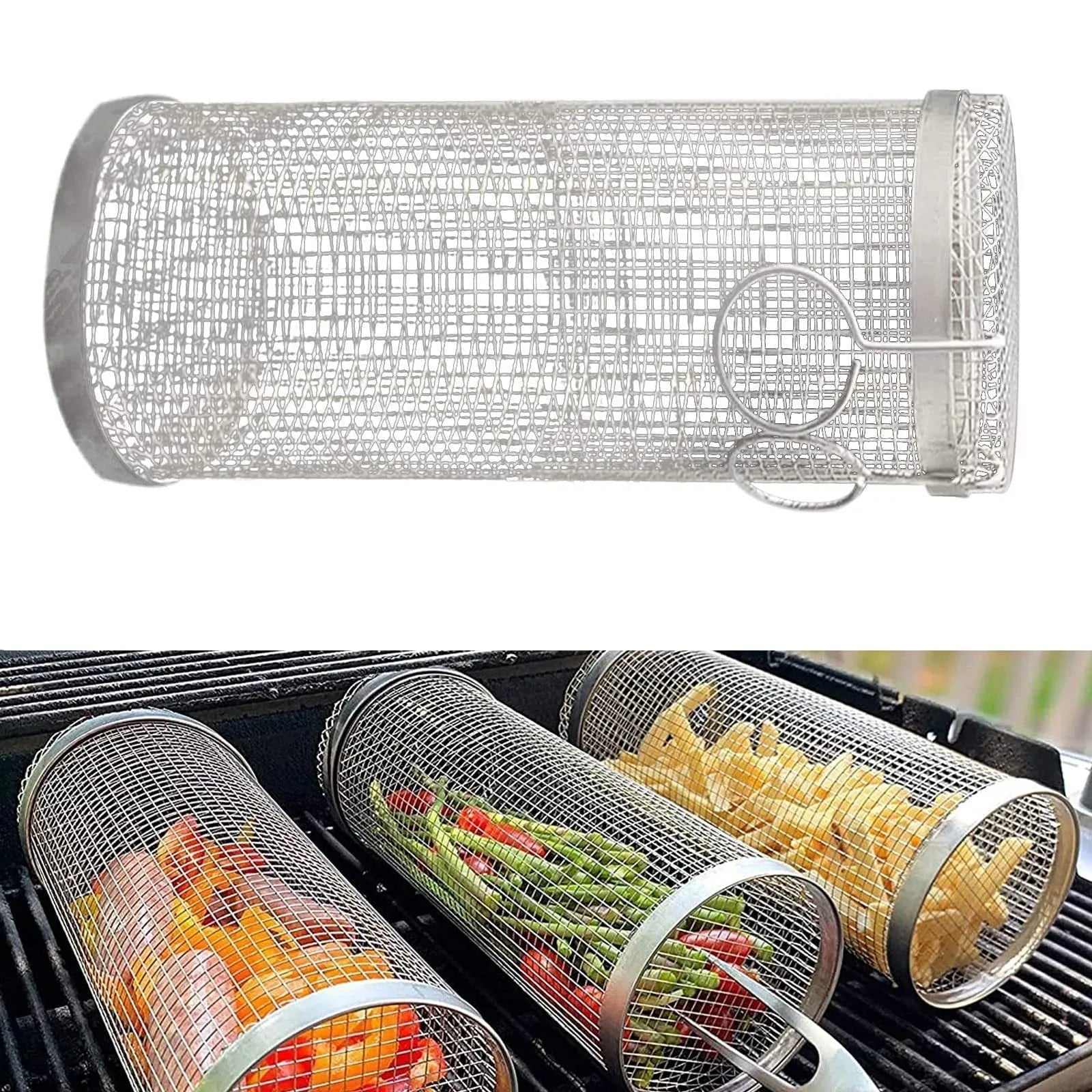 Round stainless steel rolling barbecue grilling basket with mesh sides and a hook, shown with assorted vegetables inside.