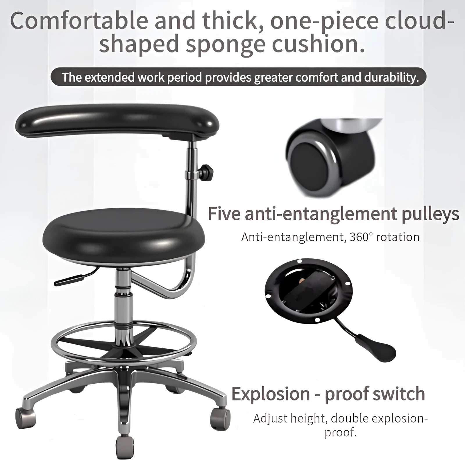 Black leather dental nurse chair with manual hydraulic height adjustment mechanism for clinical use