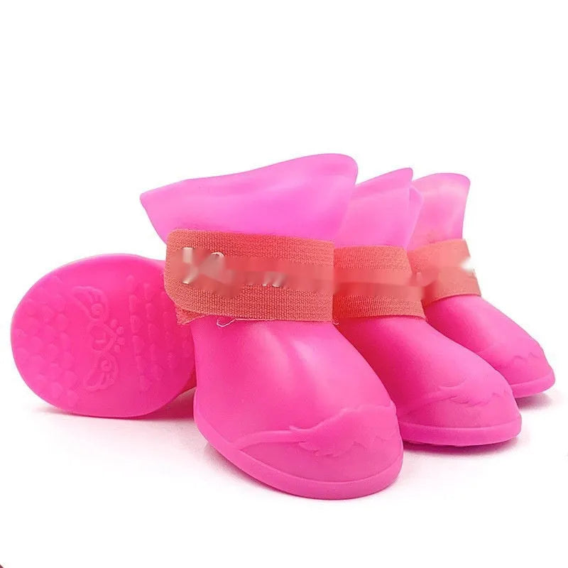 Rubber pet rain shoes in multiple colours with soft-soled anti-slip design for waterproof paw protection