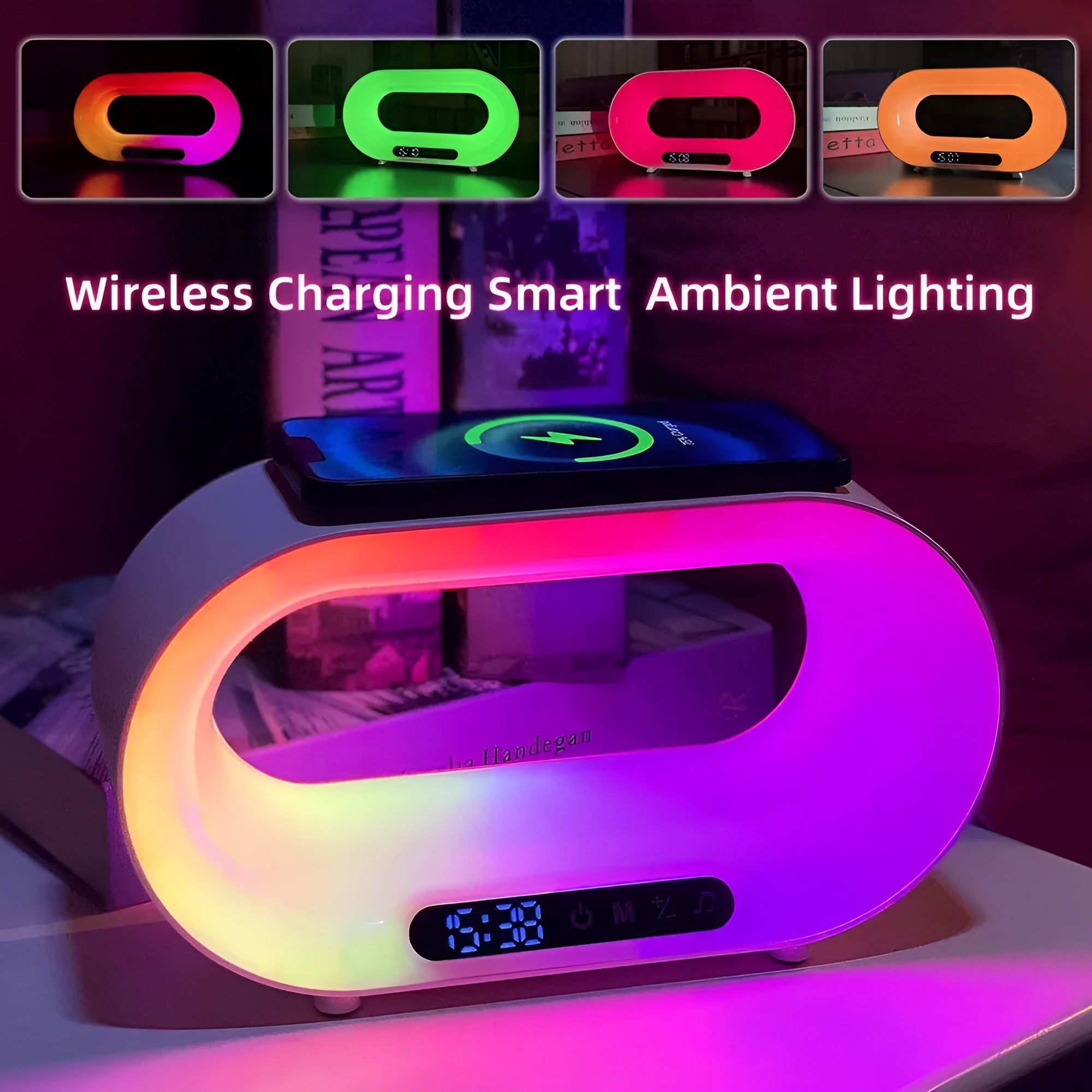 White smart desk lamp with central wireless charging pad and surrounding RGB LED light strip