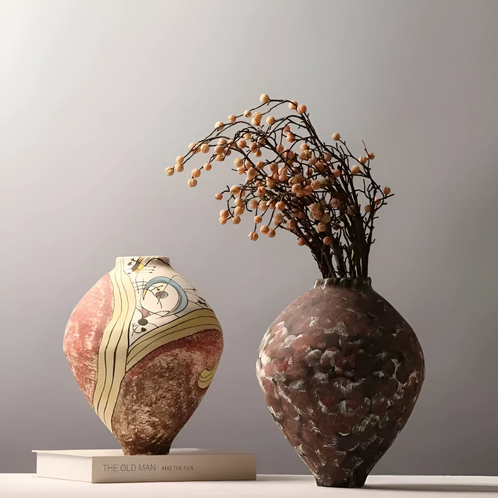White ceramic decorative vase with hand-painted finish in modern simplicity style for tabletop display