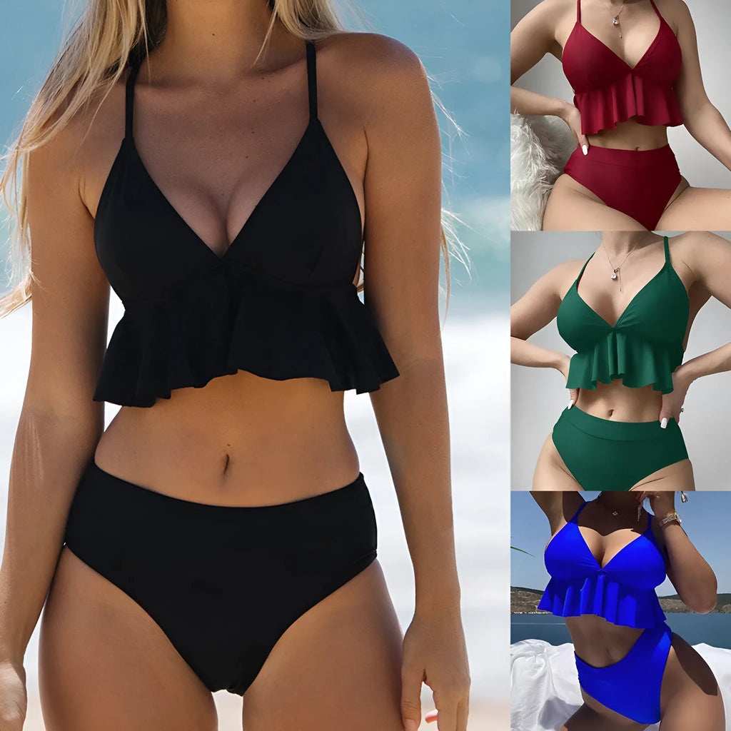 Women's solid colour high-waisted bikini with adjustable ties on the top.