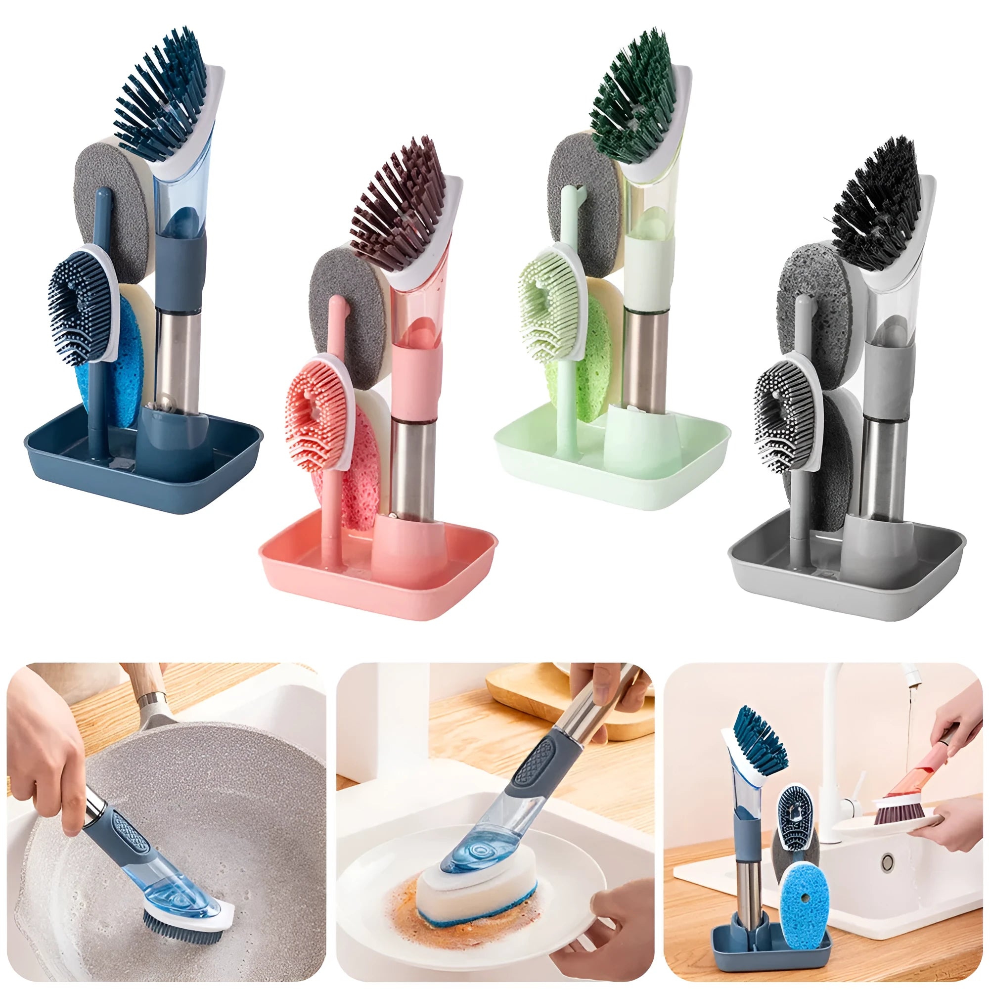 Multifunctional kitchen dish brush with soap dispenser and long handle in blue