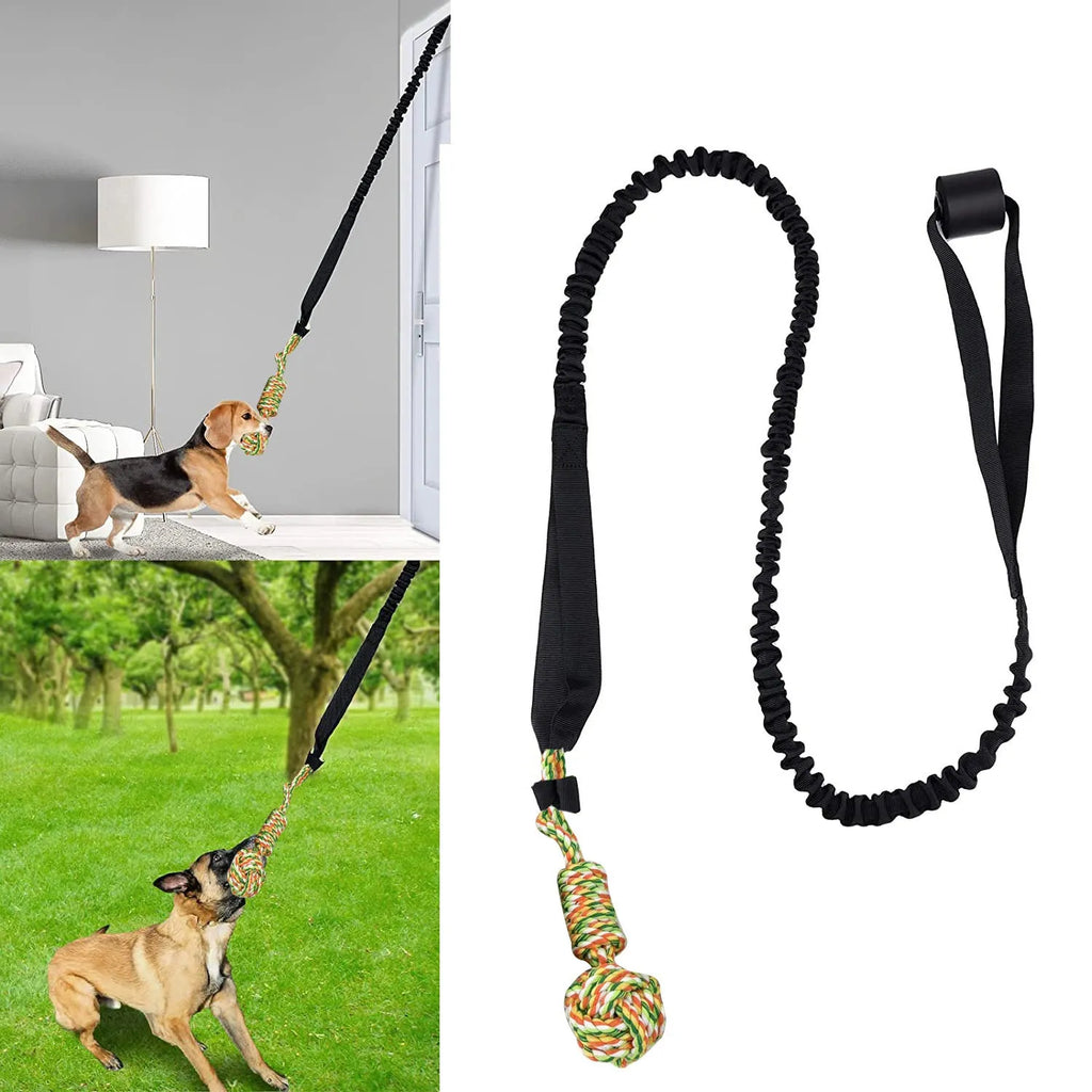 Black woven cotton dog tug rope toy for tug of war and chewing.