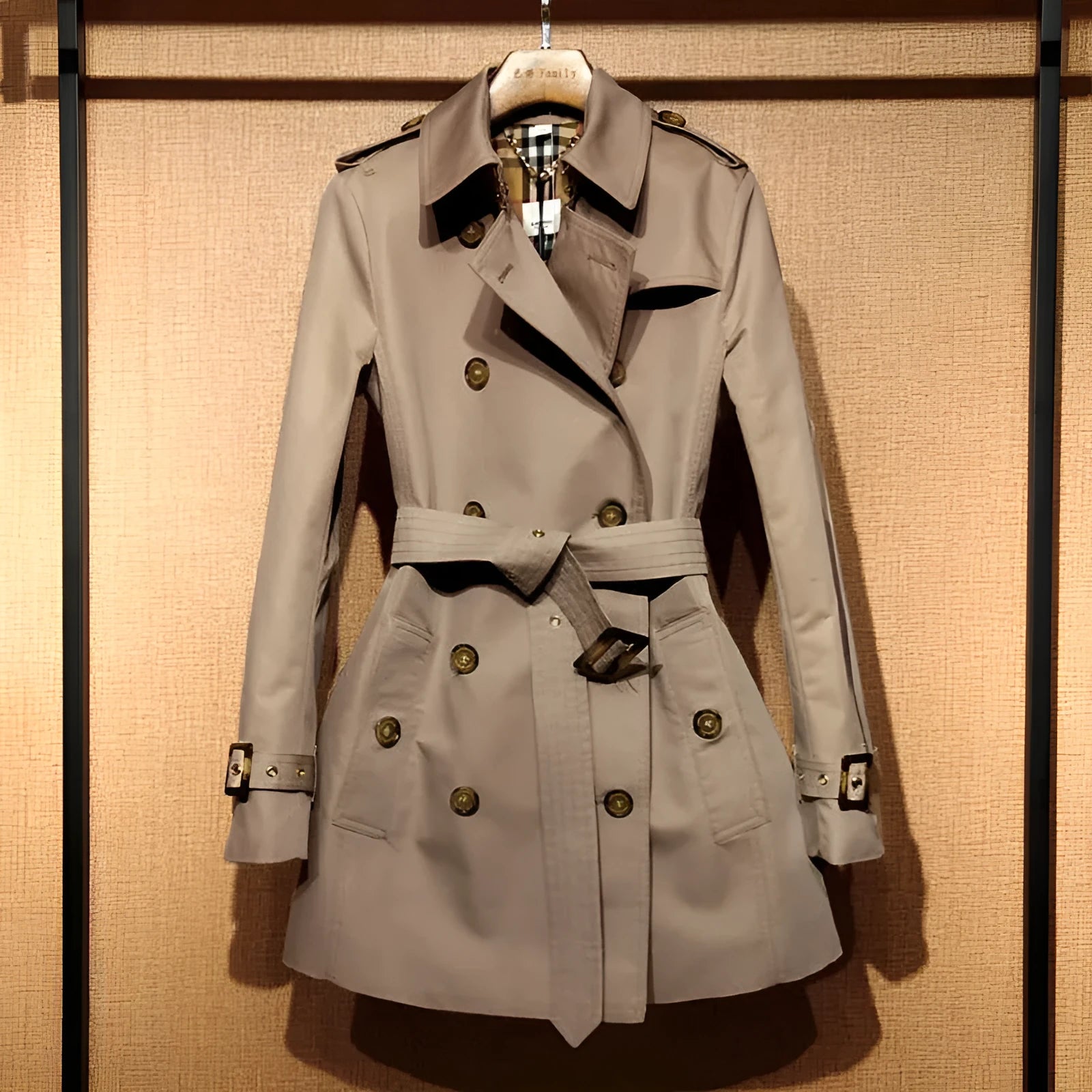Khaki coloured women's double-breasted trench coat with flight sleeves on a hanger.