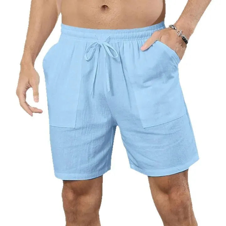 Men's straight leg linen shorts in light blue, black, white, khaki or light grey