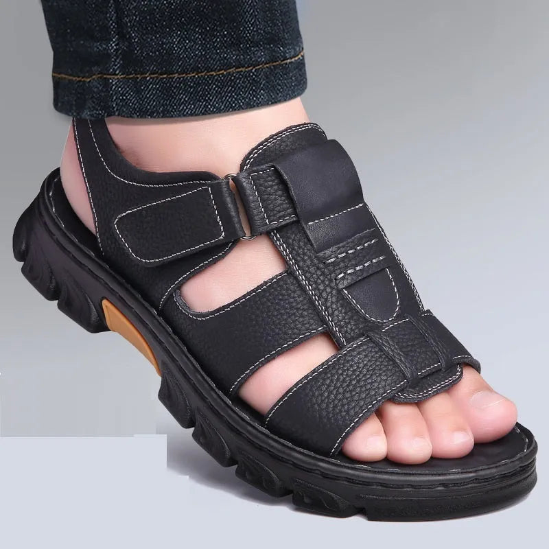 Men's dual-use sandals with first layer cowhide upper, velcro fastening, breathable open toe design in black and brown