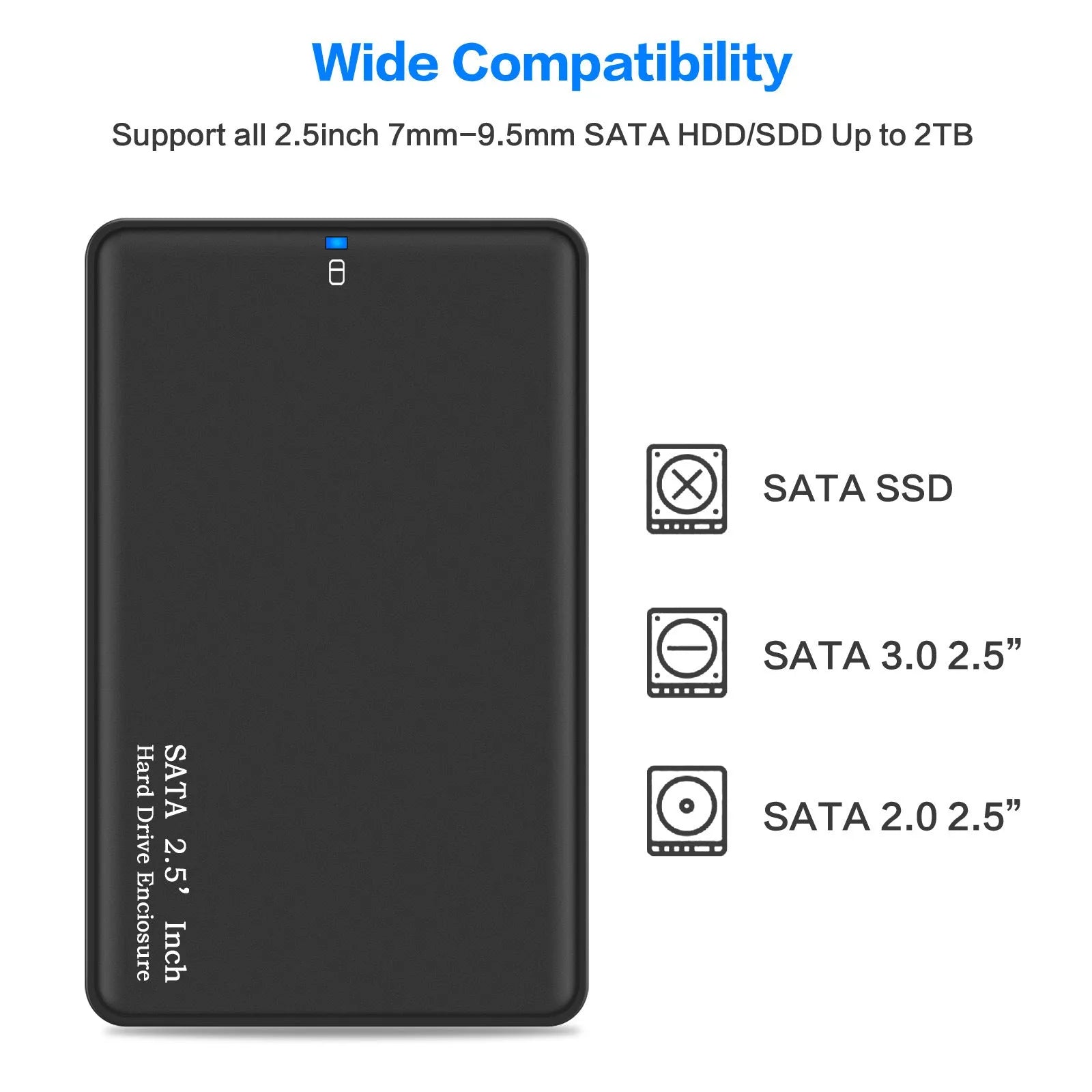 2.5 inch USB 3.0 SATA external hard drive enclosure, black ABS case, supporting 2TB HDD and SSD