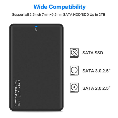 2.5 inch USB 3.0 SATA external hard drive enclosure, black ABS case, supporting 2TB HDD and SSD
