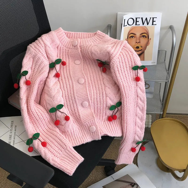 Cherry 3D pattern loose polyester sweater for women in pink colour with long sleeves and sweet Korean style