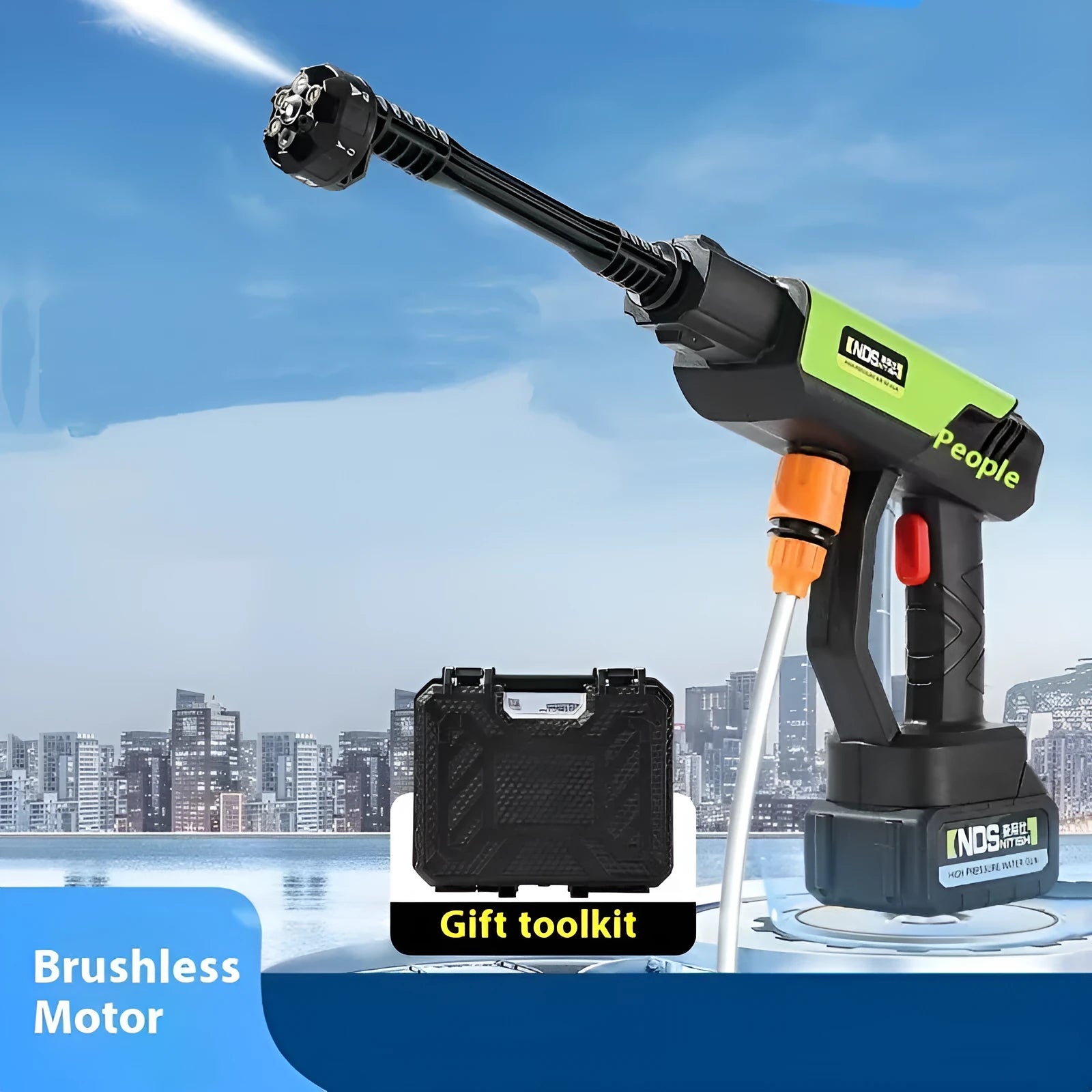 Green wireless high-pressure water gun with metal head and six-in-one nozzle, next to its battery, charger, and accessories on a grey background.