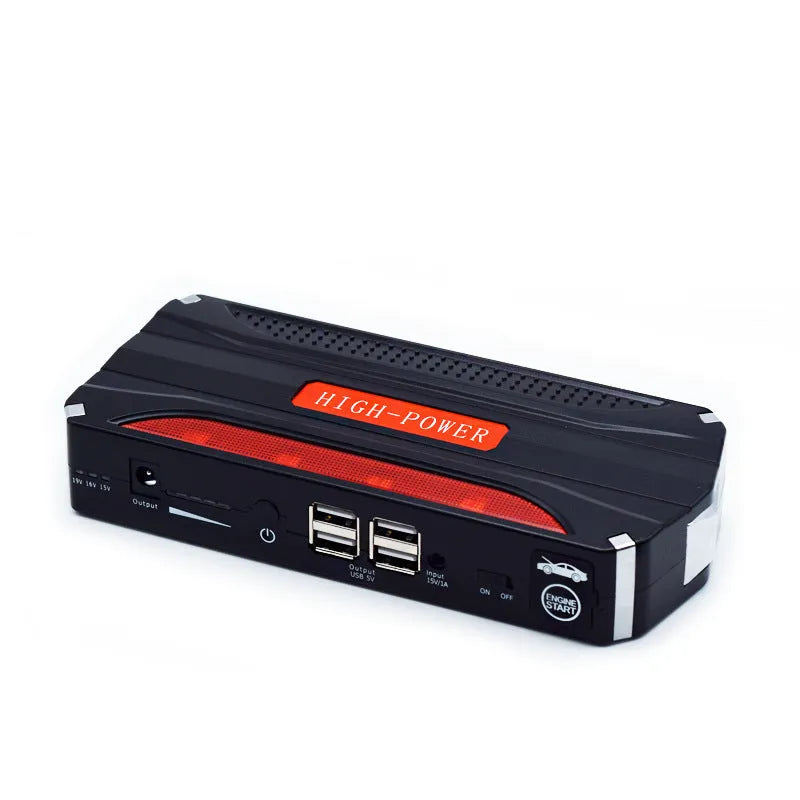 Black and red vehicle emergency starting power supply measuring 178x80x30mm with 7800mAh capacity