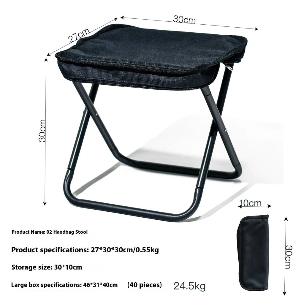 Lightweight foldable camp stool in Oxford cloth, shown folded and unfolded in khaki colour.