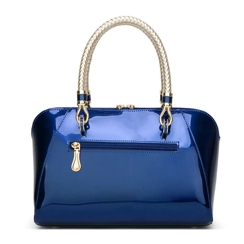Patent leather shiny one-shoulder diagonal crossbody bag blue medium square vertical section with lock closure