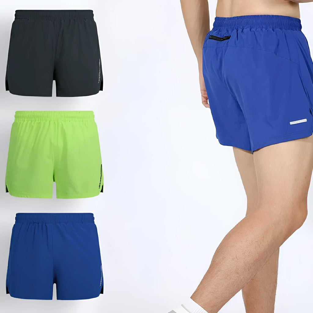 Man modelling casual grey quick-dry running shorts with a straight-leg cut.