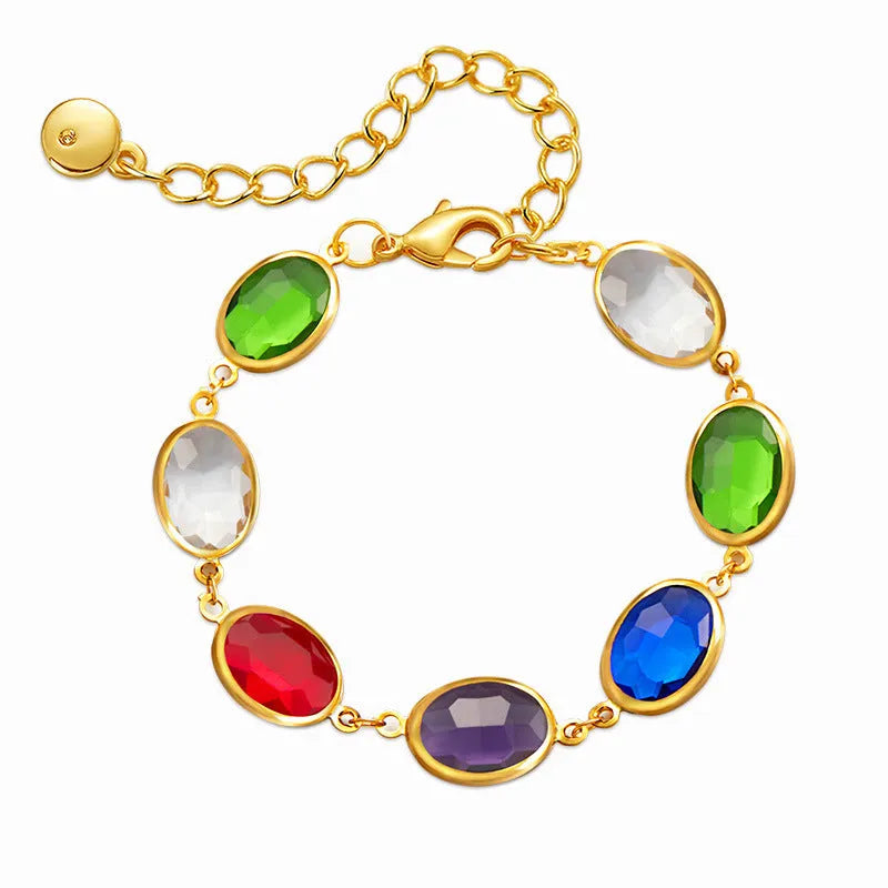Women's geometric ellipse bracelet with coloured glass inlay on 18K copper in blue, green or multicolour