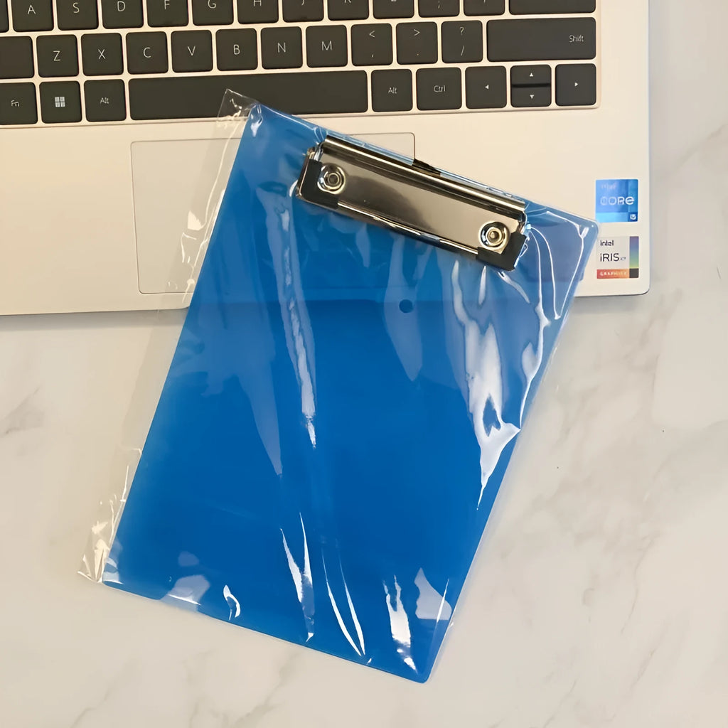 Clear plastic A4 plate holder with metal clip showing document inside, available in blue, green, red and white colours