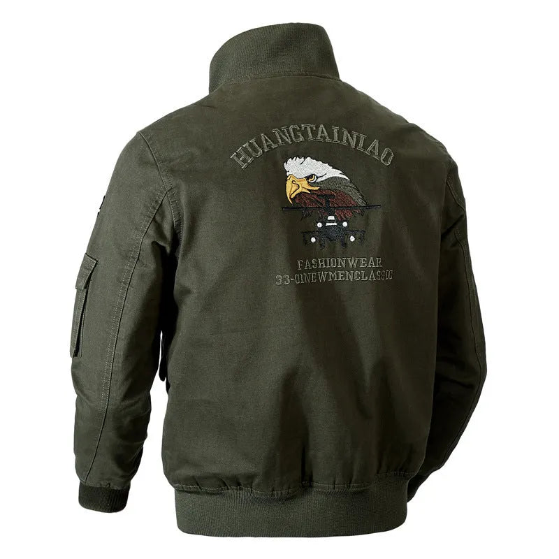Men's loose military jacket in khaki polyester with printed finish, front view