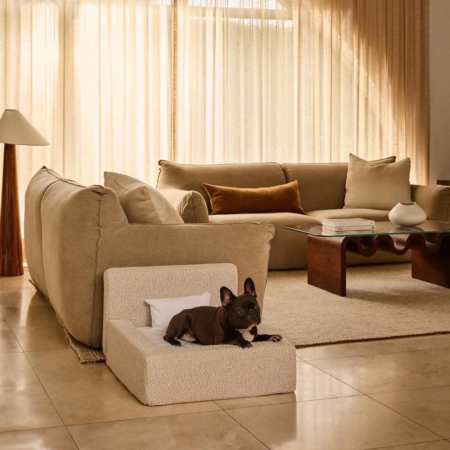 White rectangular dog mat with backrest and sponge filling in L size on a floor