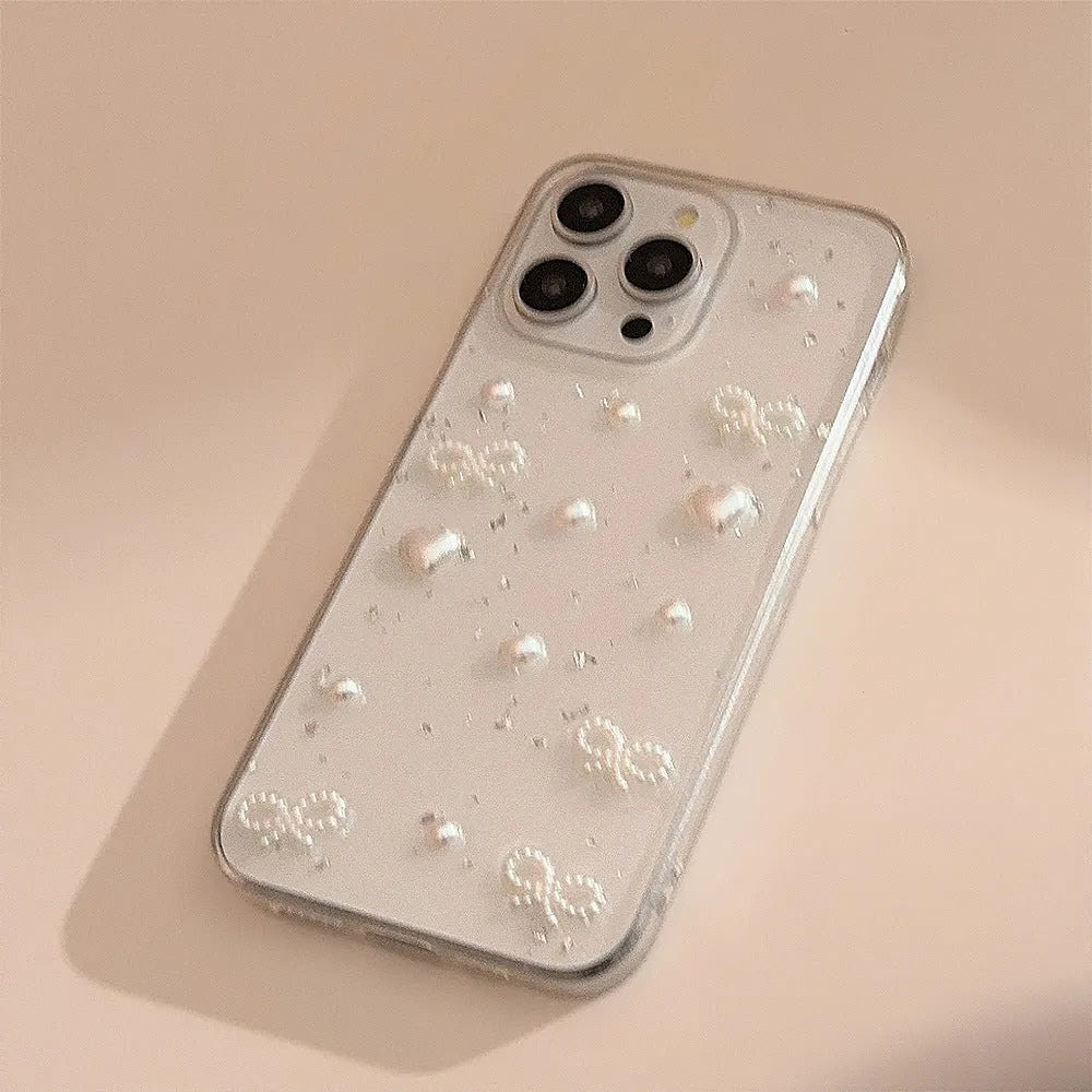 Epoxy stereo transparent TPU phone case for iPhone with love pearl white knot design