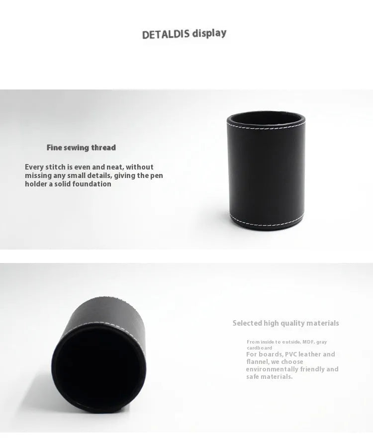 Black leather round pen holder on a desk