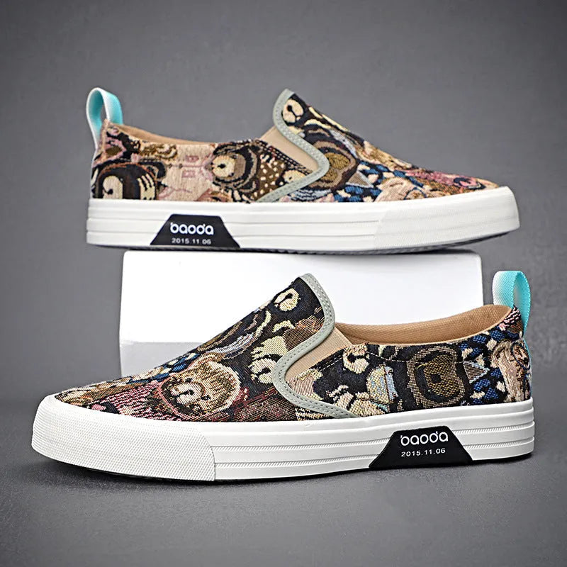 Canvas slip-on sneakers in khaki colour with vulcanised rubber sole and round toe design