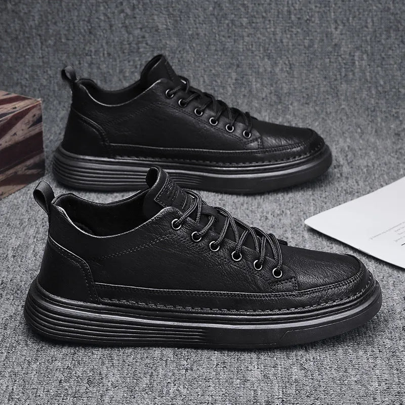 Men's autumn leisure kitchen chef waterproof flat shoes in H13 Black with round head, front lace-up, and rubber sole