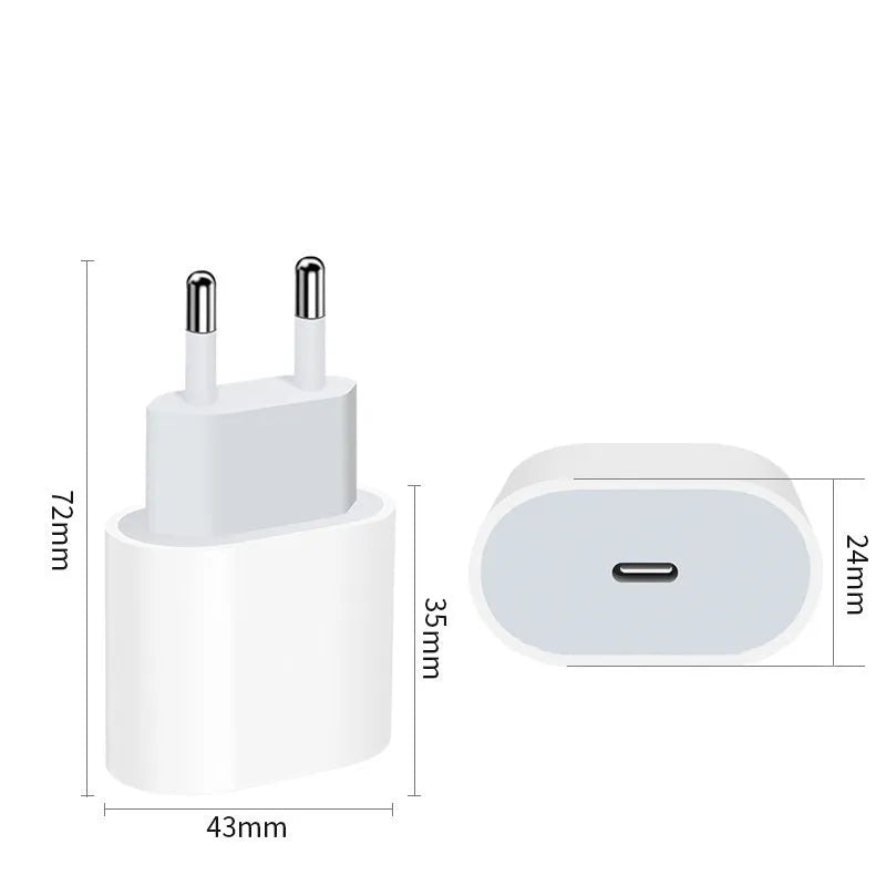White 20W USB-C PD wall charger with either a US or European plug style.