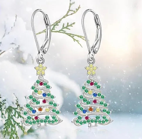 White gold colour Christmas tree earrings with star-shaped copper design for women